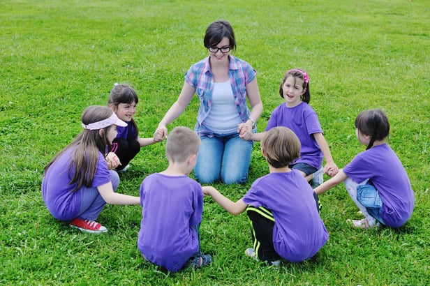 happy preschool  kids group have fun and play game  on outdoor classes in nature
